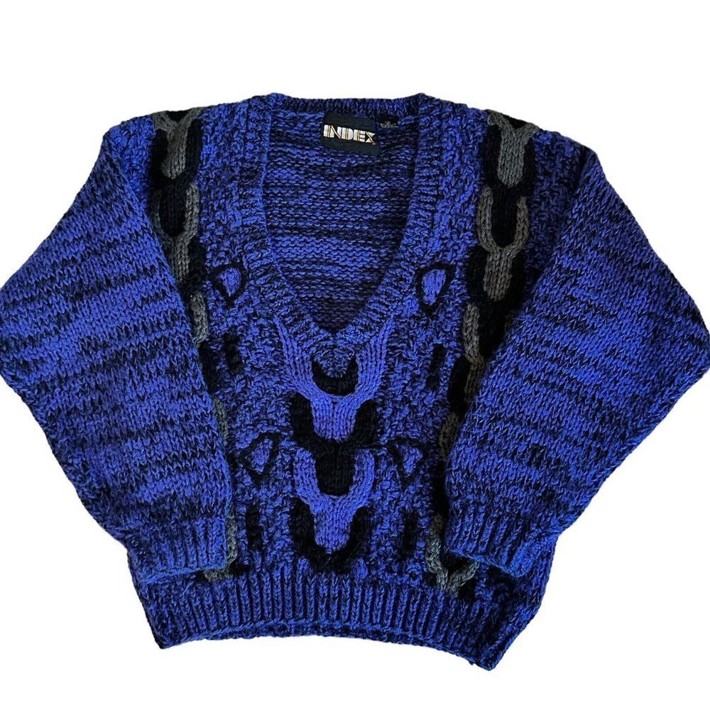 Index Chunky Sweater Women's‎ Small Purple Black Vintage 1980s V-Neck Preppy
